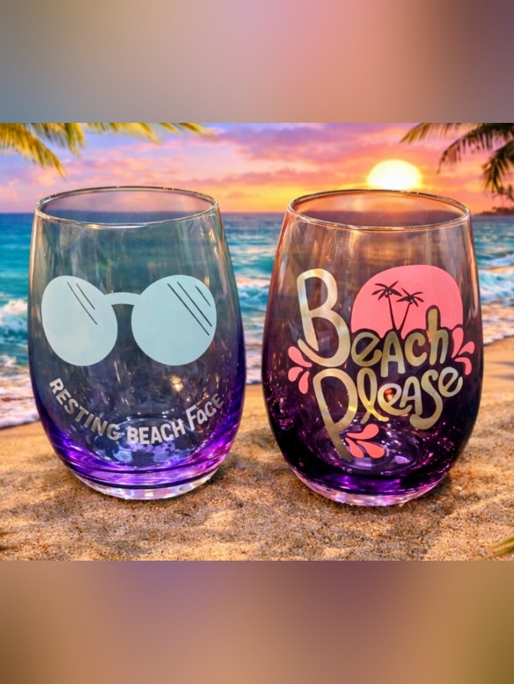 Blush Purple Stemless Wine Glasses w/Mint & Pink Beach Designs (Set of 2) #674